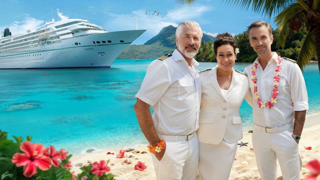 v.l.: Staff-Kapitän Martin Grimm (Daniel Morgenroth), Hanna Liebhold (Barbara Wussow) und Kapitän Max Parger (Florian Silbereisen)